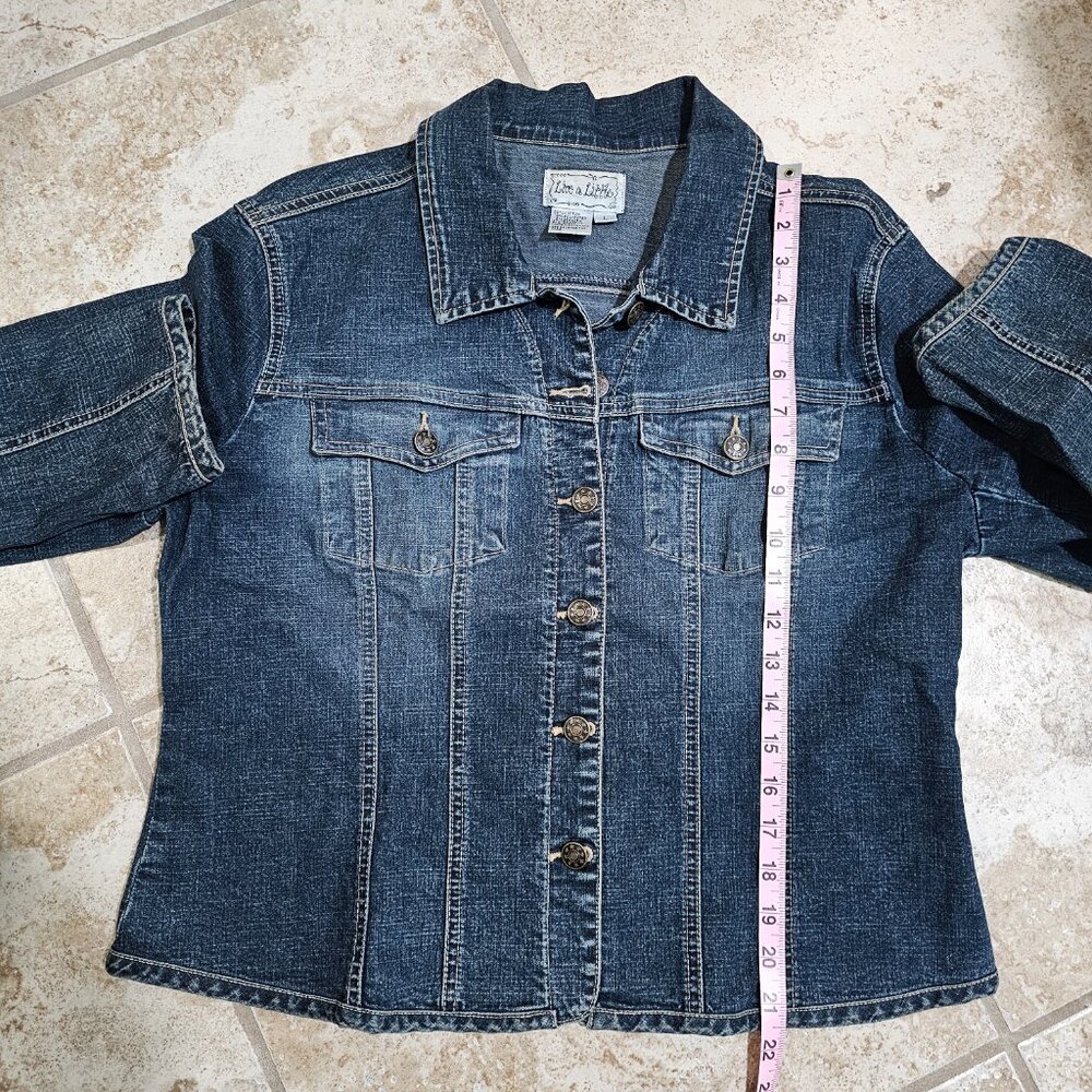 Live a Little Women Large Denim Jacket Dark Blue Cotton Trucker Archival Western - Picture 9 of 10
